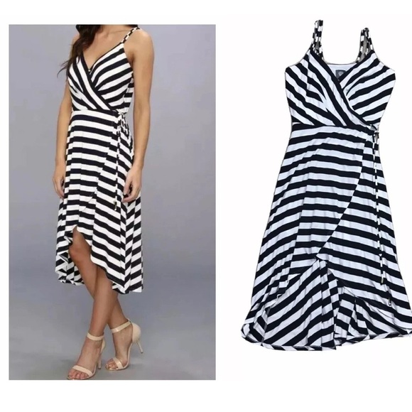 Vince Camuto Navy and White Striped Faux Wrap Dress Size XS - Picture 1 of 4